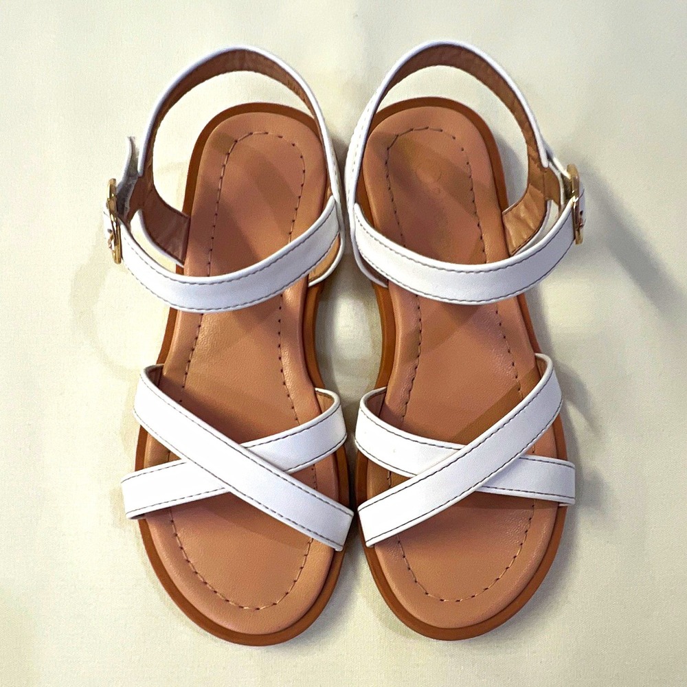 PANDANINJIA Girls White Strappy Ankle Strap Sandals Buckle Open Toe US 13